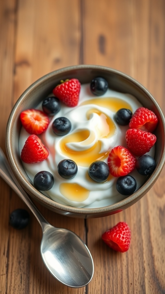 A bowl of homemade yogurt topped with fruits and honey on a wooden table.